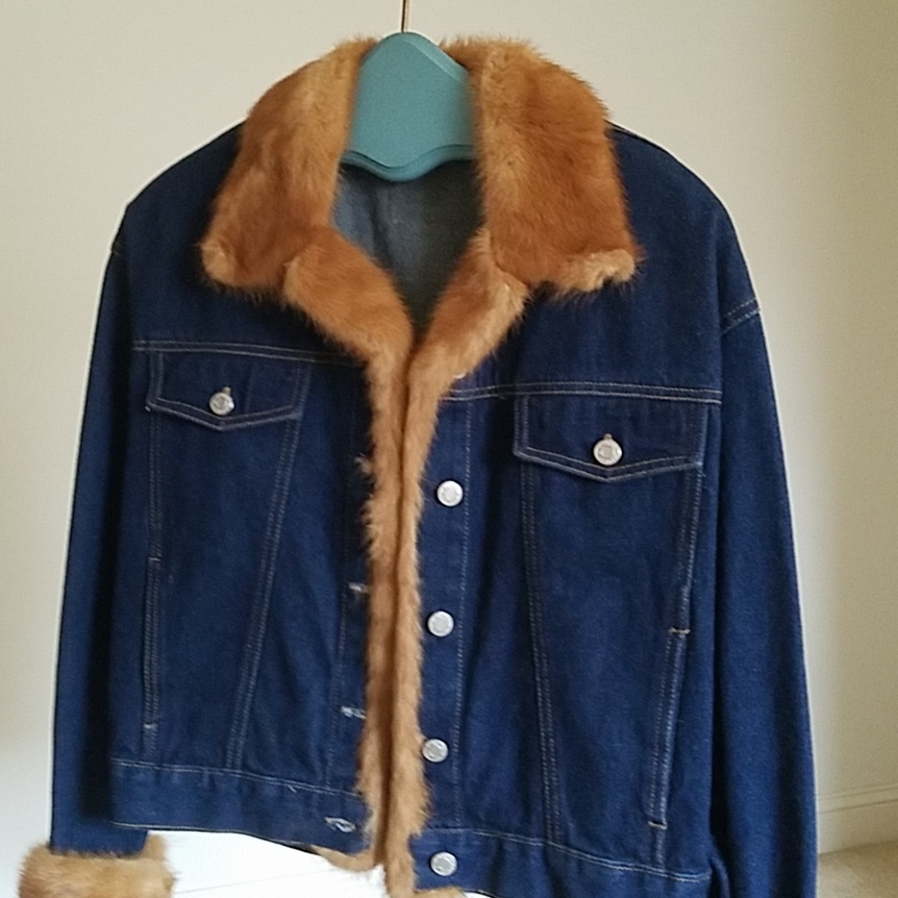 Denimj jacket with fur mink genuine cuff and color